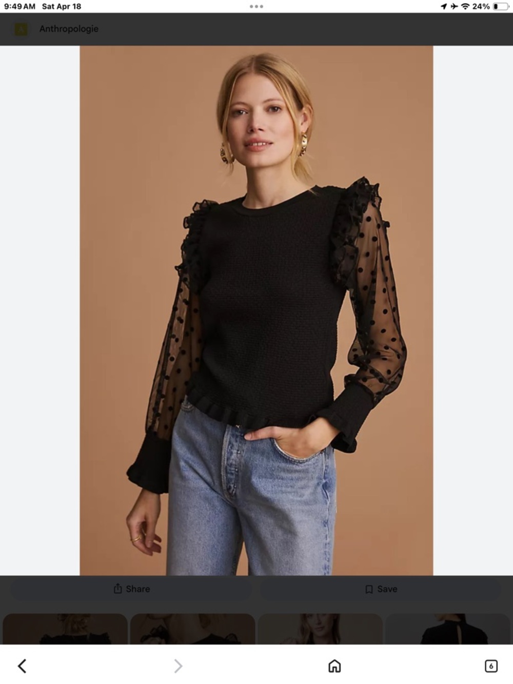 Anthropologie Black Sheer Polka-Dot Ruffle Sleeve Sweater